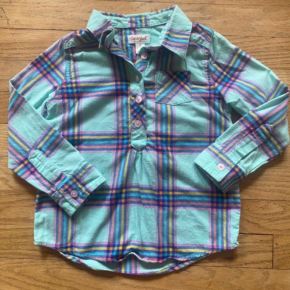Cat & Jack Toddler Girl Long Sleeve Cotton Plaid Flannel Shirt (4T)